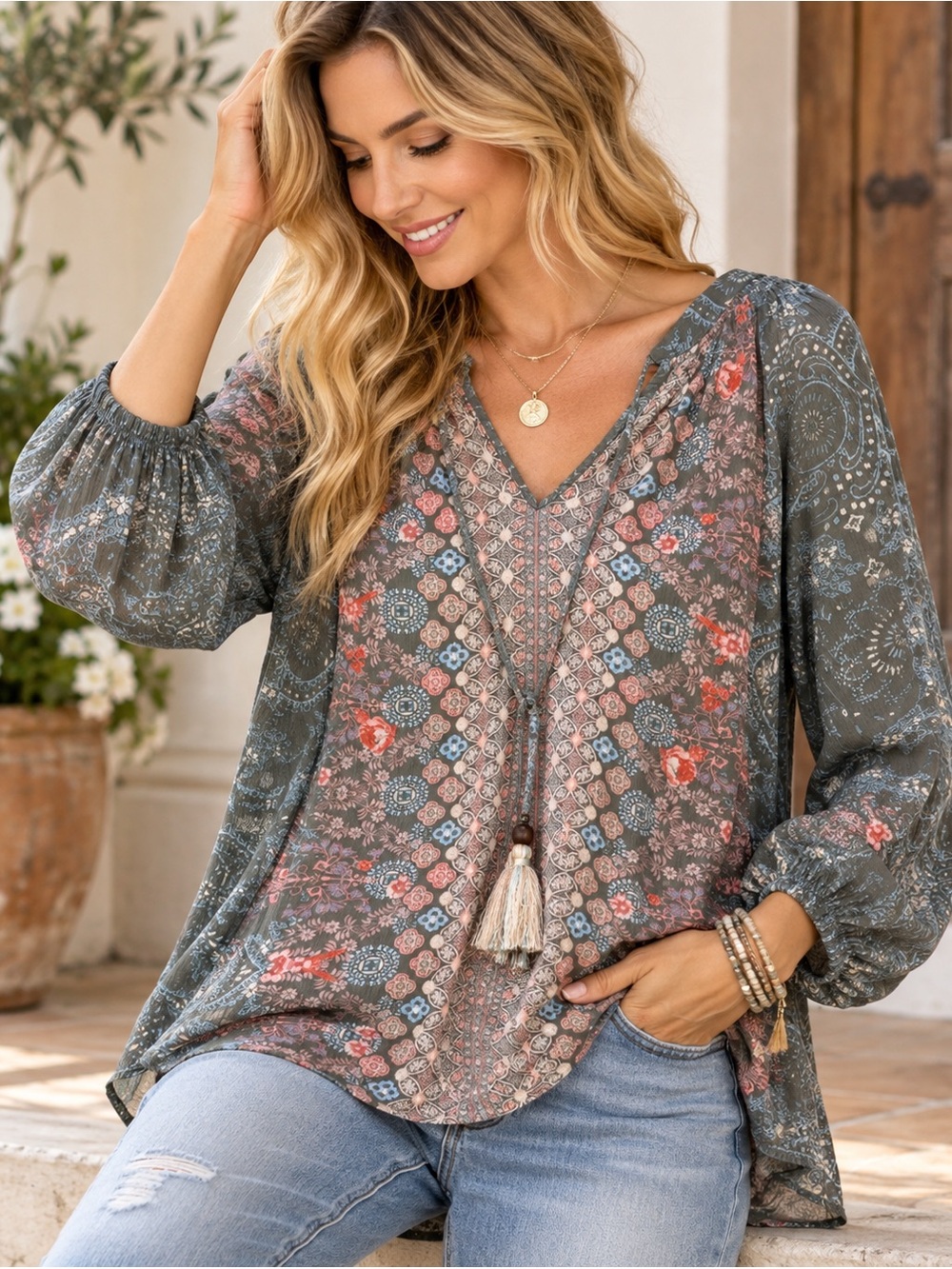 Mason & Belle Boho Paisley Floral Tunic Blouse Long Sleeve Tassel Detail Size XS